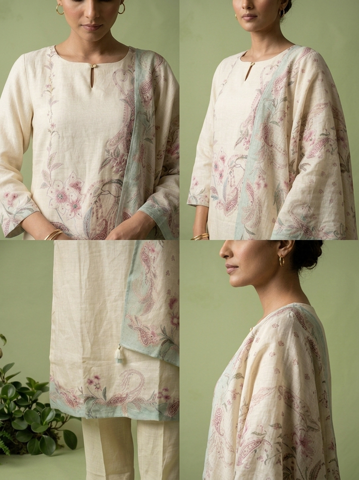 Cream Linen Floral Printed And Sequins Embroidered Three Piece Set