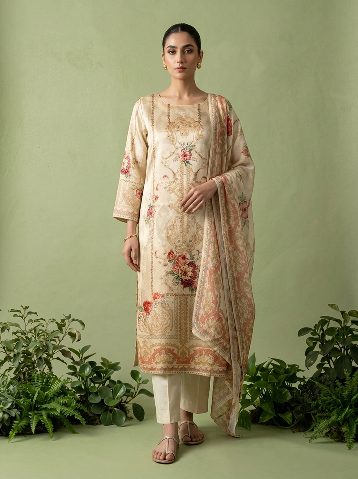 Cream Silk Digital Printed Three Piece Set