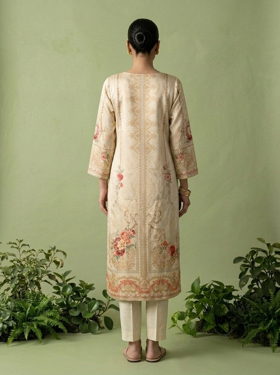 Cream Silk Digital Printed Three Piece Set