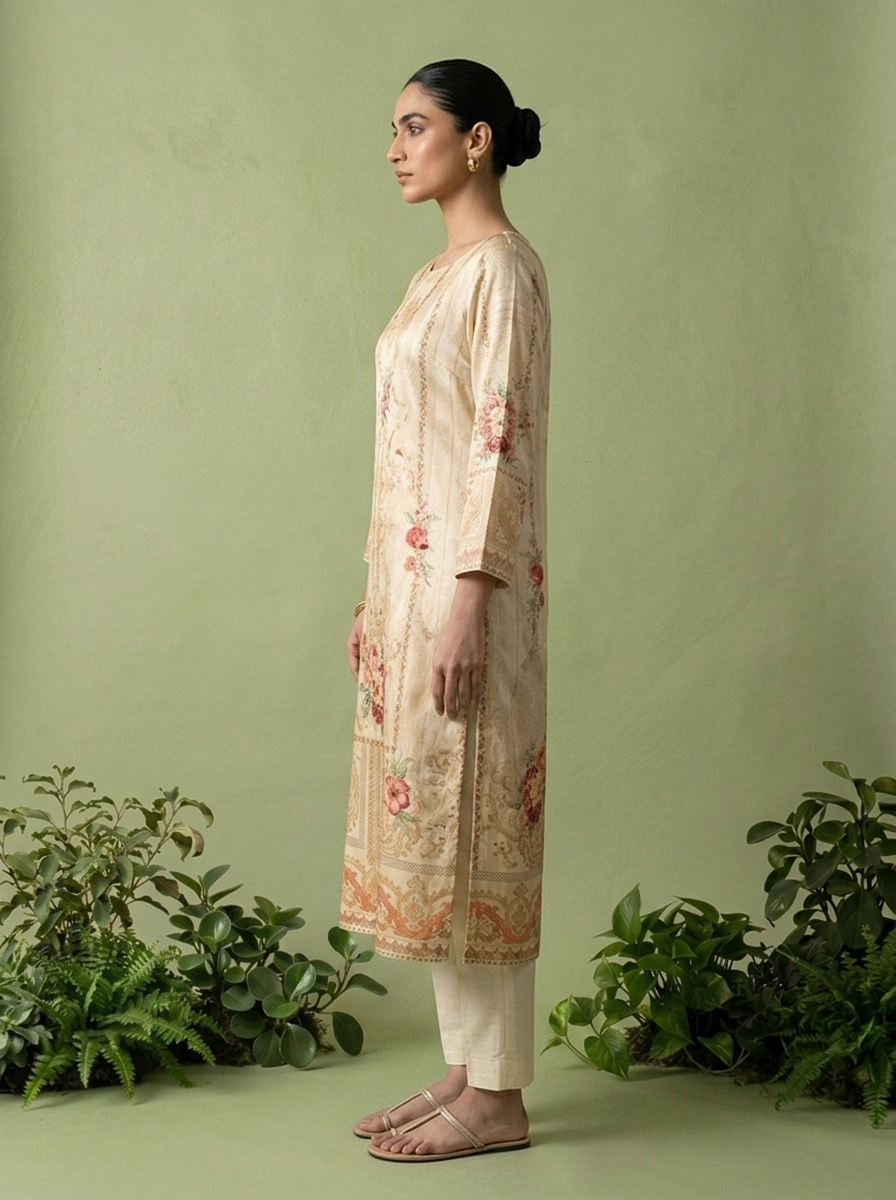 Cream Silk Digital Printed Three Piece Set