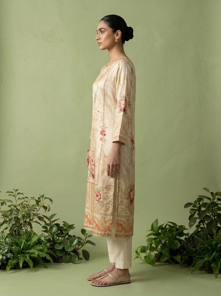 Cream Silk Digital Printed Three Piece Set