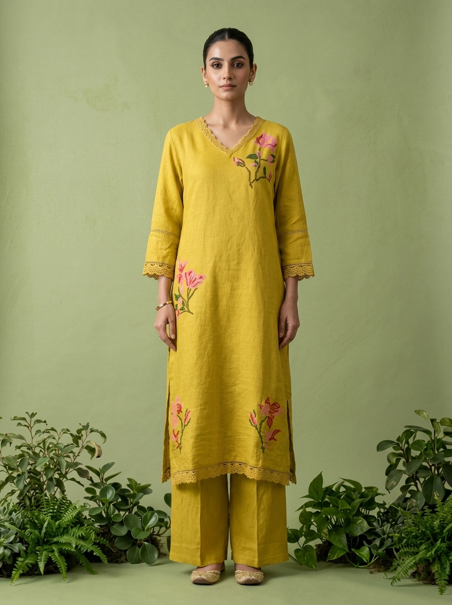 Green Linen Floral Thread Embroidered Two Piece Set