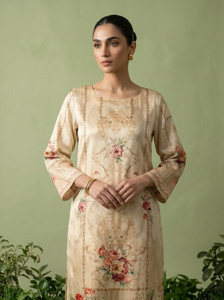 Cream Silk Digital Printed Three Piece Set