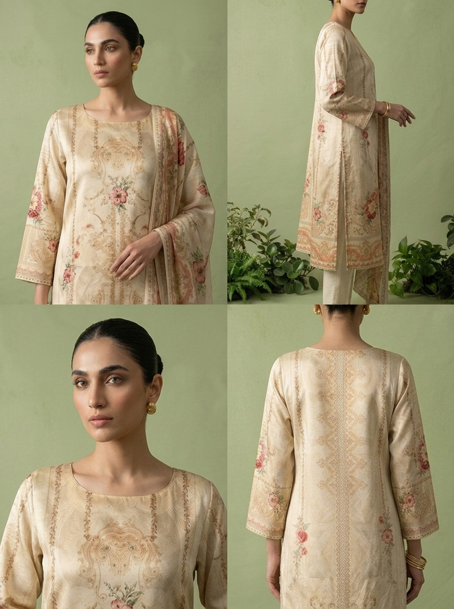 Cream Silk Digital Printed Three Piece Set