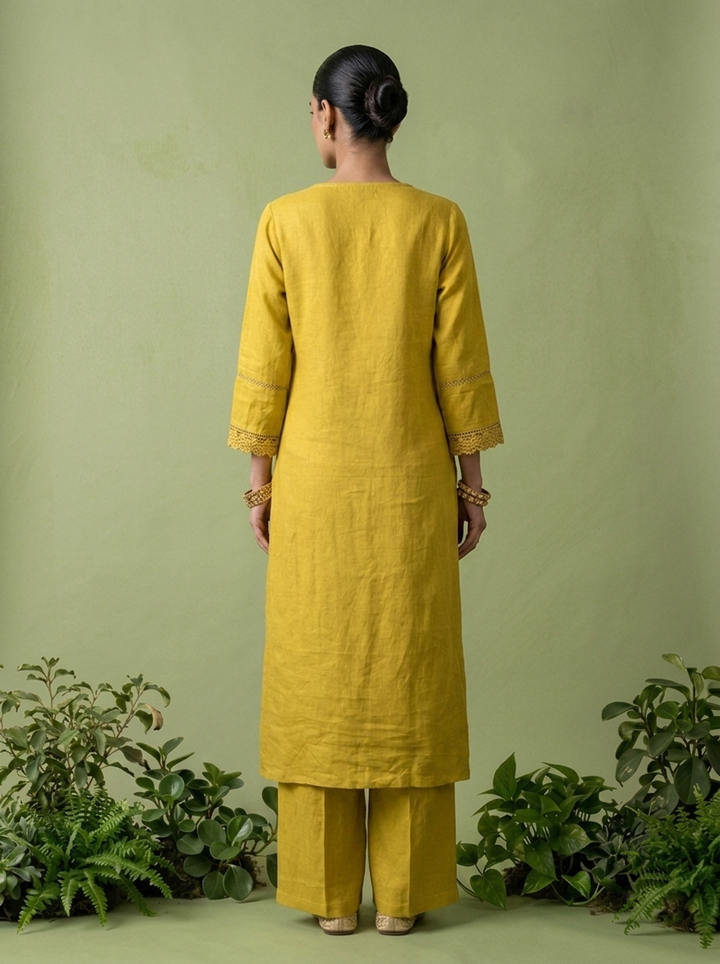 Green Linen Floral Thread Embroidered Two Piece Set