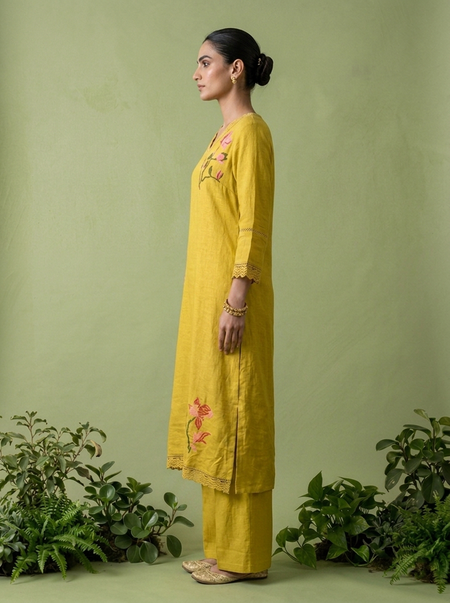 Green Linen Floral Thread Embroidered Two Piece Set