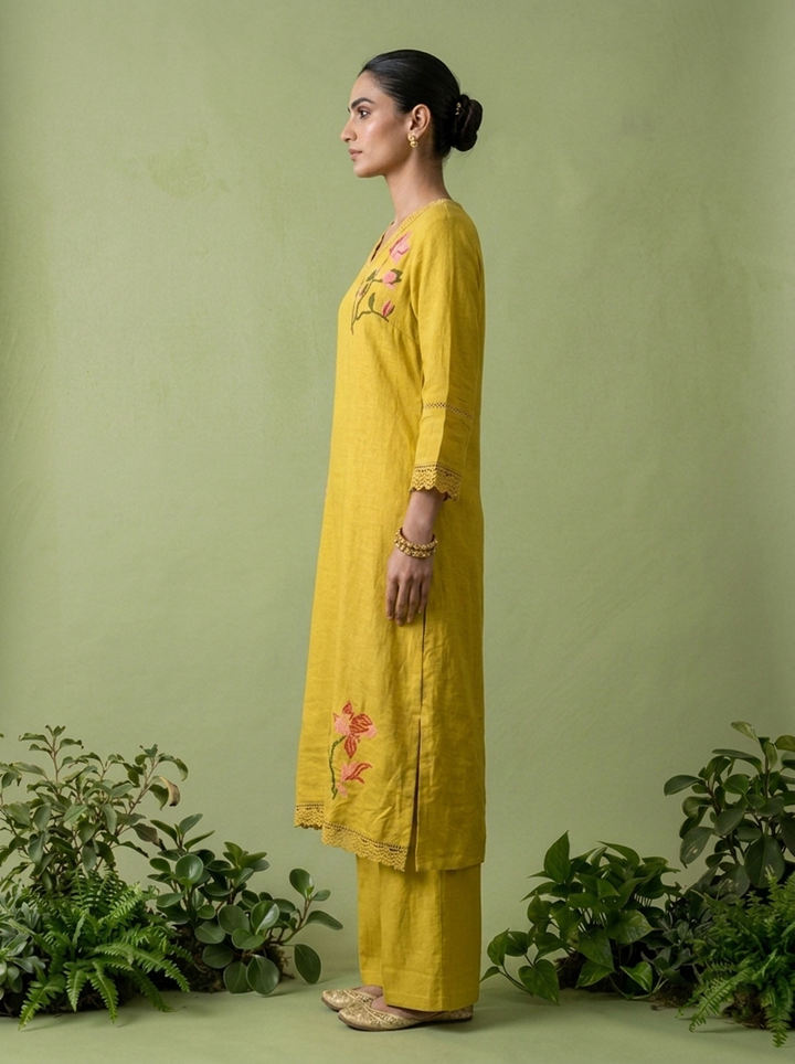 Green Linen Floral Thread Embroidered Two Piece Set