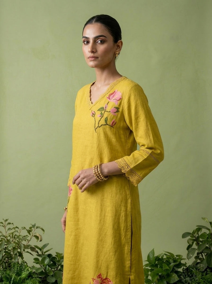 Green Linen Floral Thread Embroidered Two Piece Set