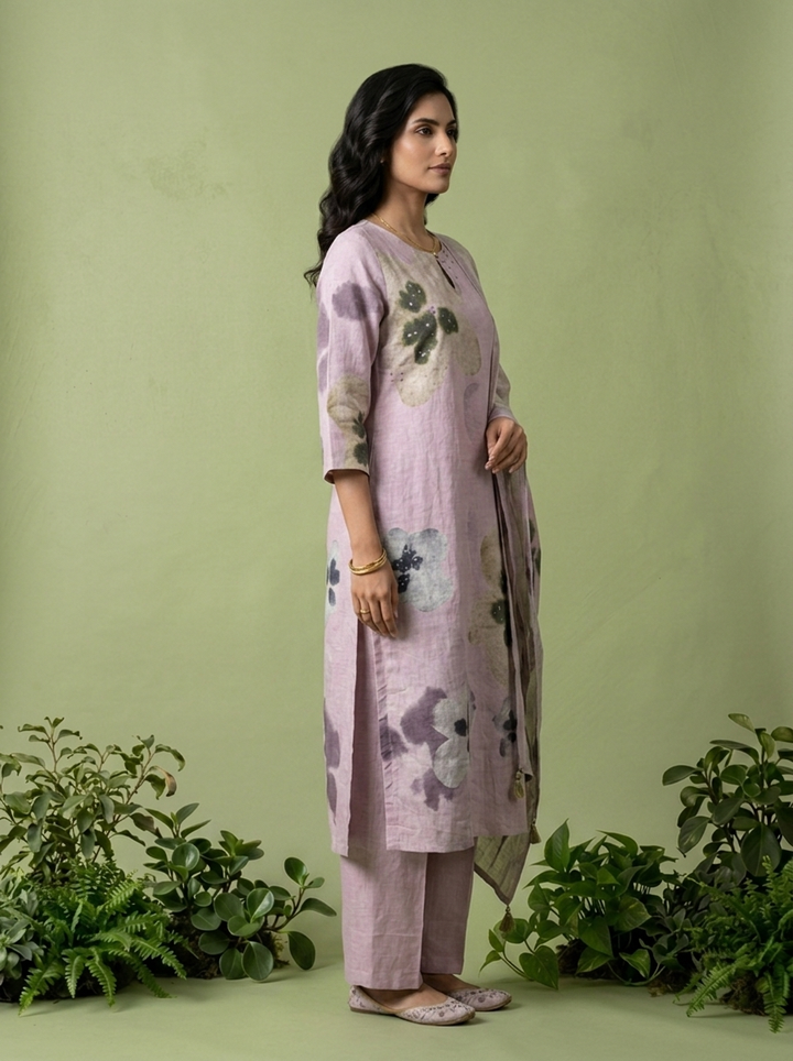 Lilac Linen Floral Printed Three Piece Set