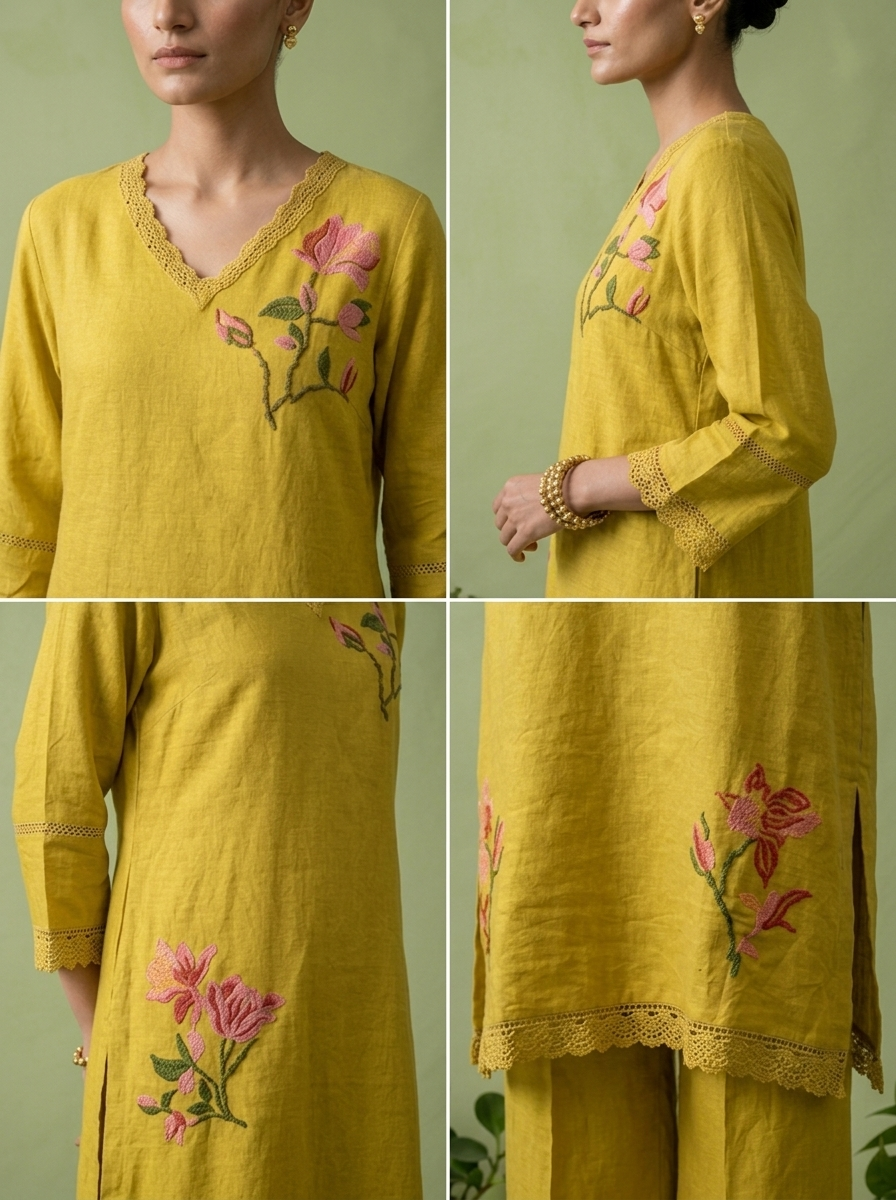 Green Linen Floral Thread Embroidered Two Piece Set
