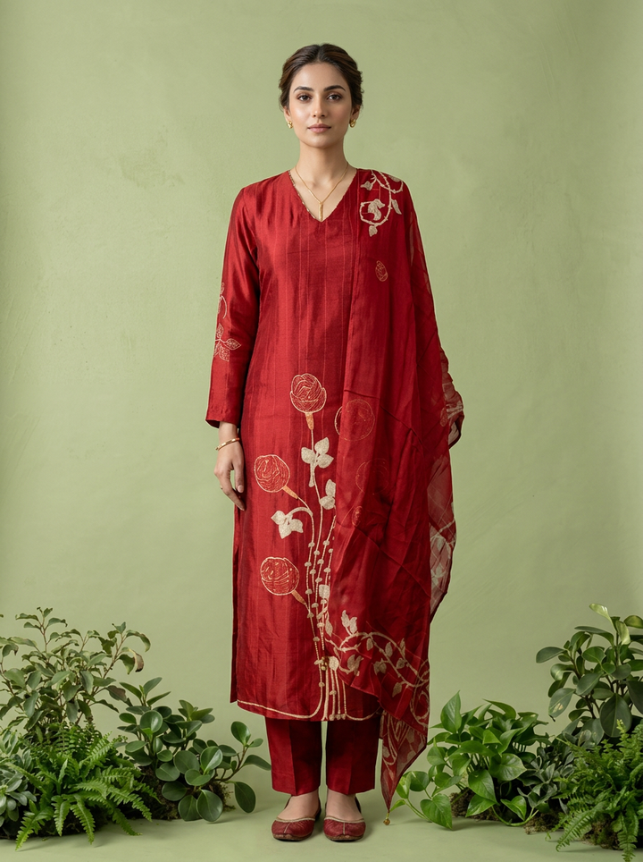 Maroon Silk Three Piece Set