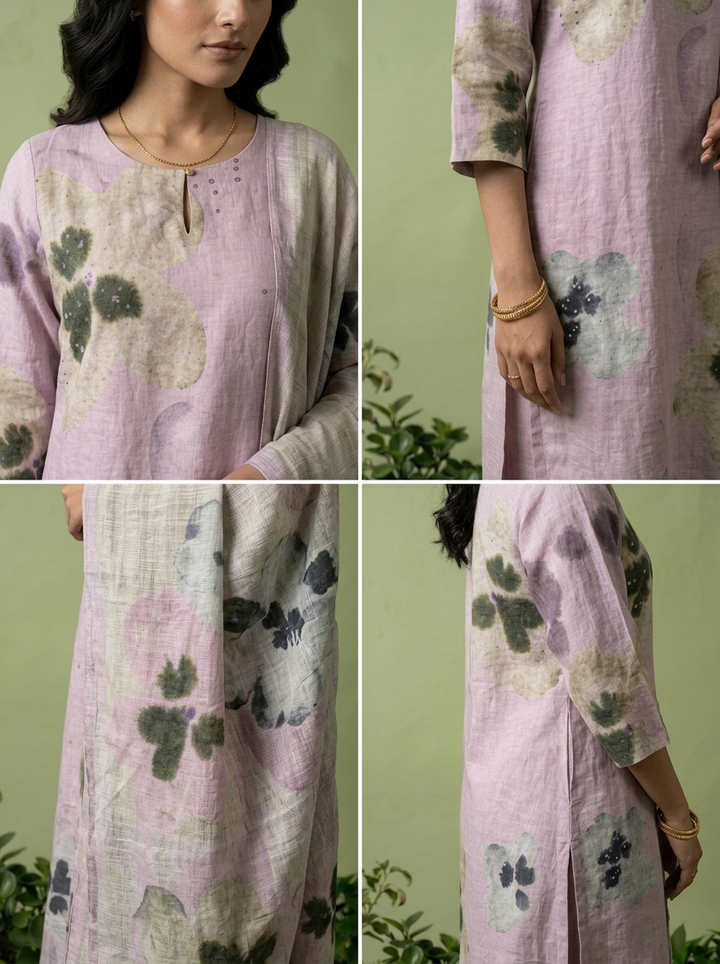 Lilac Linen Floral Printed Three Piece Set