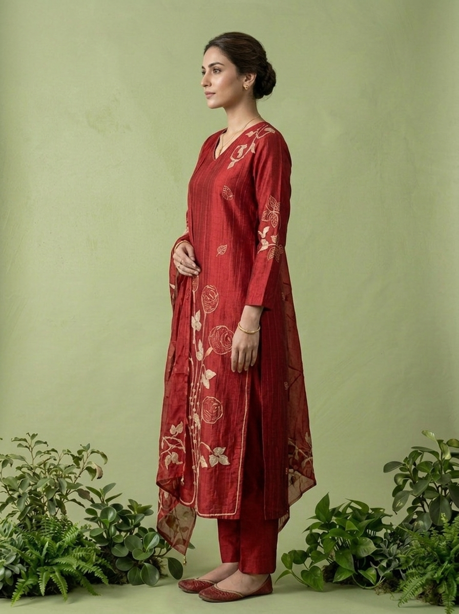 Maroon Silk Three Piece Set
