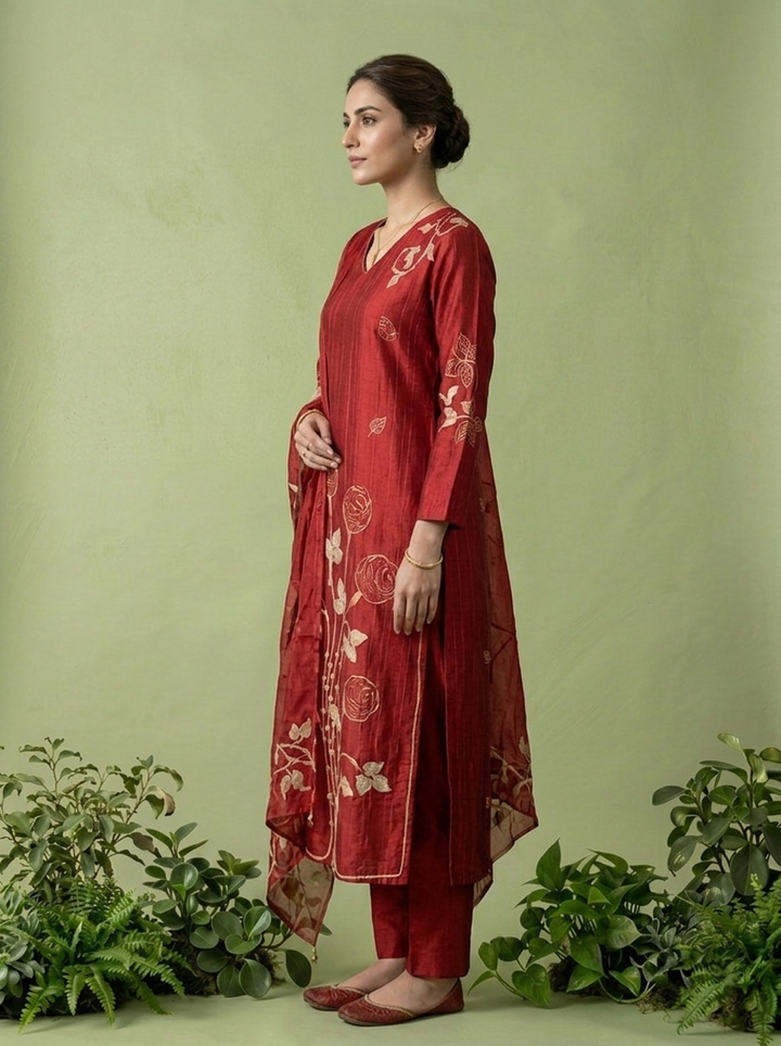 Maroon Silk Three Piece Set