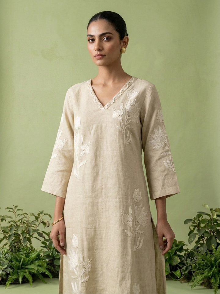 Cream Linen Floral Thread Embroidered Two Piece Set