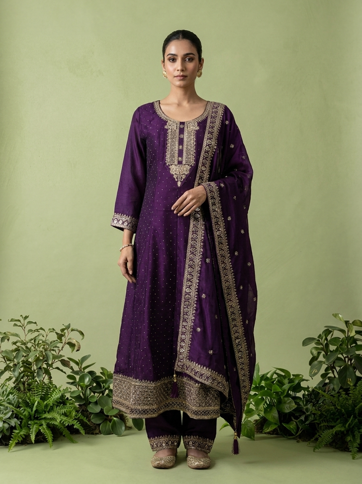 Purple Silk Zari Embroidery Three Piece Set