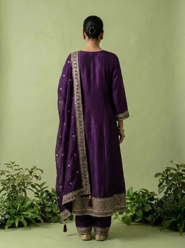 Purple Silk Zari Embroidery Three Piece Set