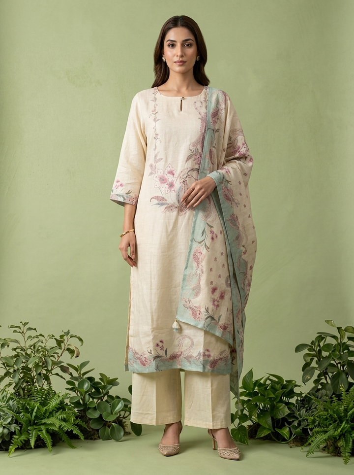 Cream Linen Floral Printed And Sequins Embroidered Three Piece Set