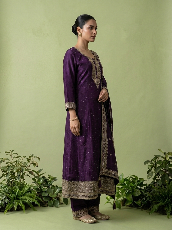 Purple Silk Zari Embroidery Three Piece Set