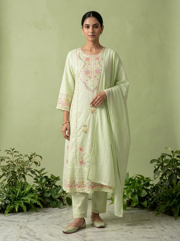 Pista Cotton Floral Thread Embroidered Three Piece Set