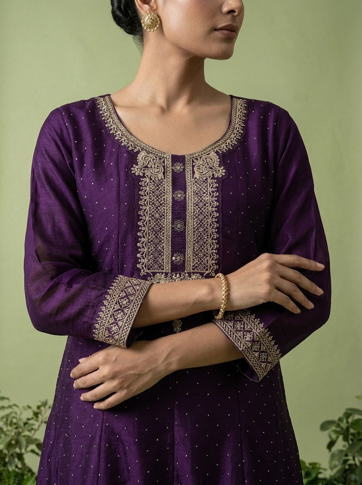 Purple Silk Zari Embroidery Three Piece Set