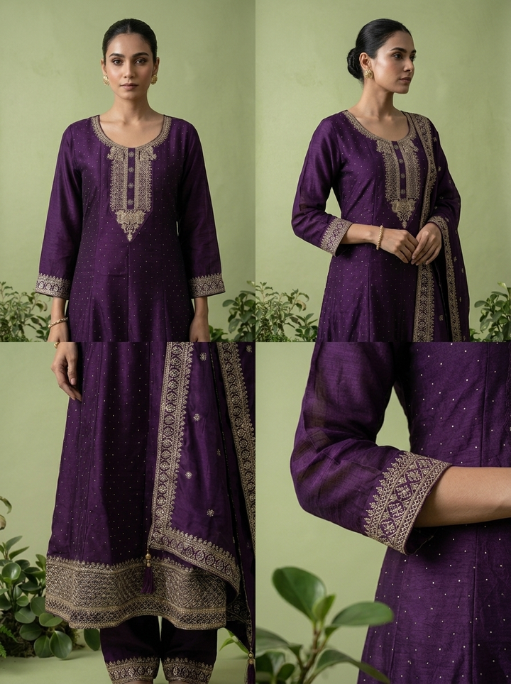 Purple Silk Zari Embroidery Three Piece Set