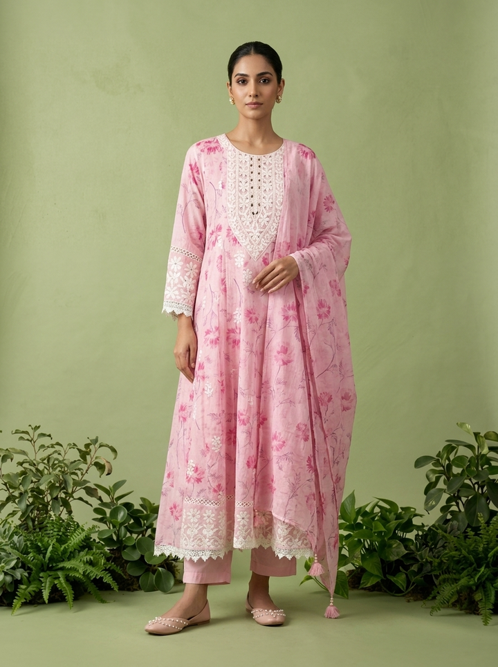 Baby Pink Cotton Floral Printed And Thread Embroidery Three Piece Set