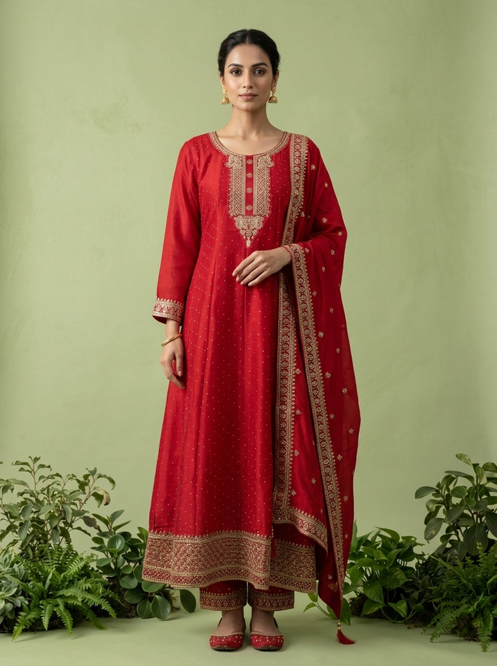 Rani PInk Silk Zari Embroidery Three Piece Set