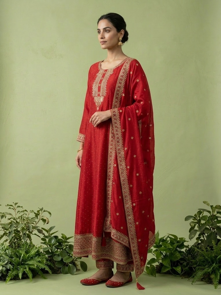 Rani PInk Silk Zari Embroidery Three Piece Set