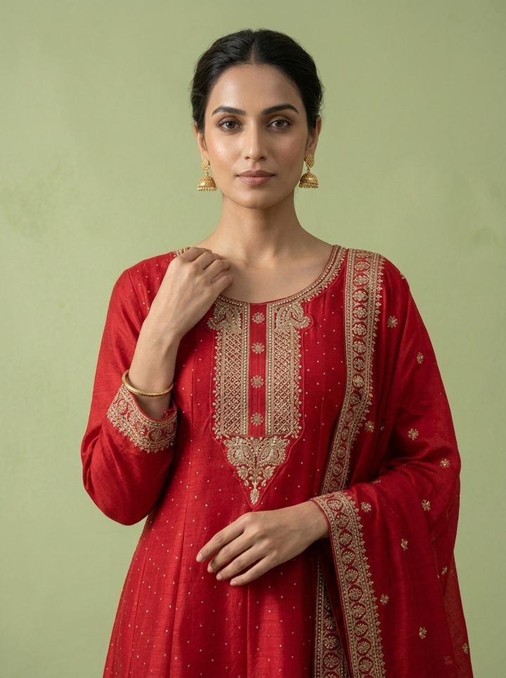 Rani PInk Silk Zari Embroidery Three Piece Set