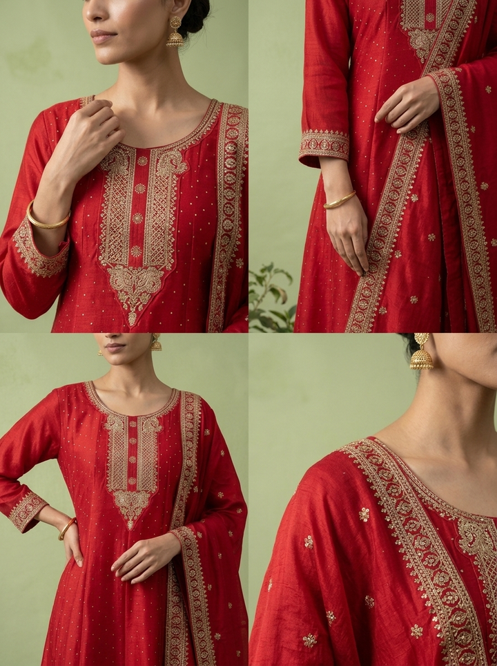 Rani PInk Silk Zari Embroidery Three Piece Set