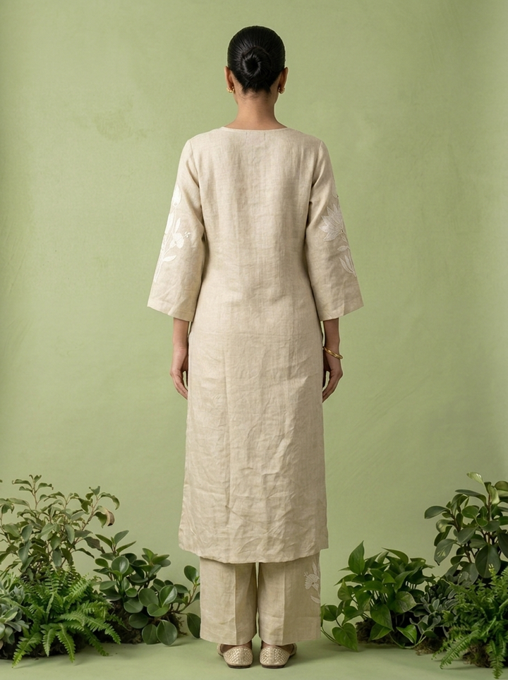 Cream Linen Floral Thread Embroidered Two Piece Set
