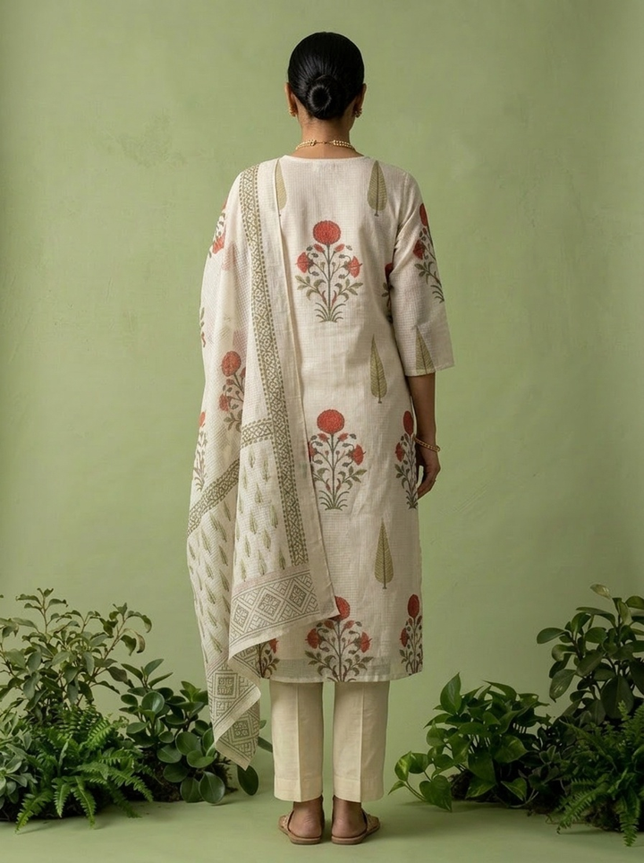 Cream Cotton Stone Embroidery And Floral Printed Three Piece Set