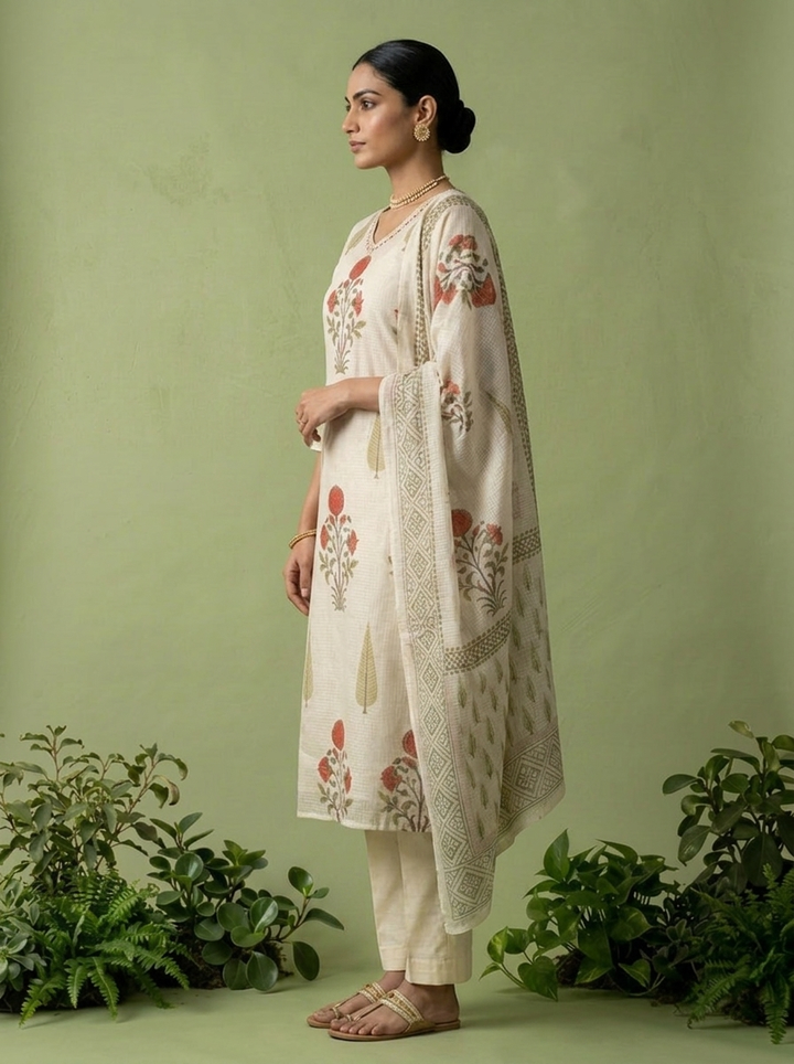 Cream Cotton Stone Embroidery And Floral Printed Three Piece Set