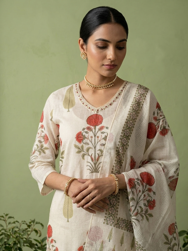 Cream Cotton Stone Embroidery And Floral Printed Three Piece Set