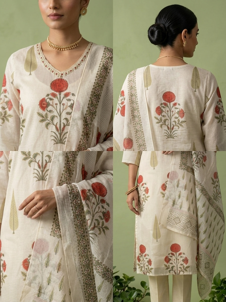 Cream Cotton Stone Embroidery And Floral Printed Three Piece Set