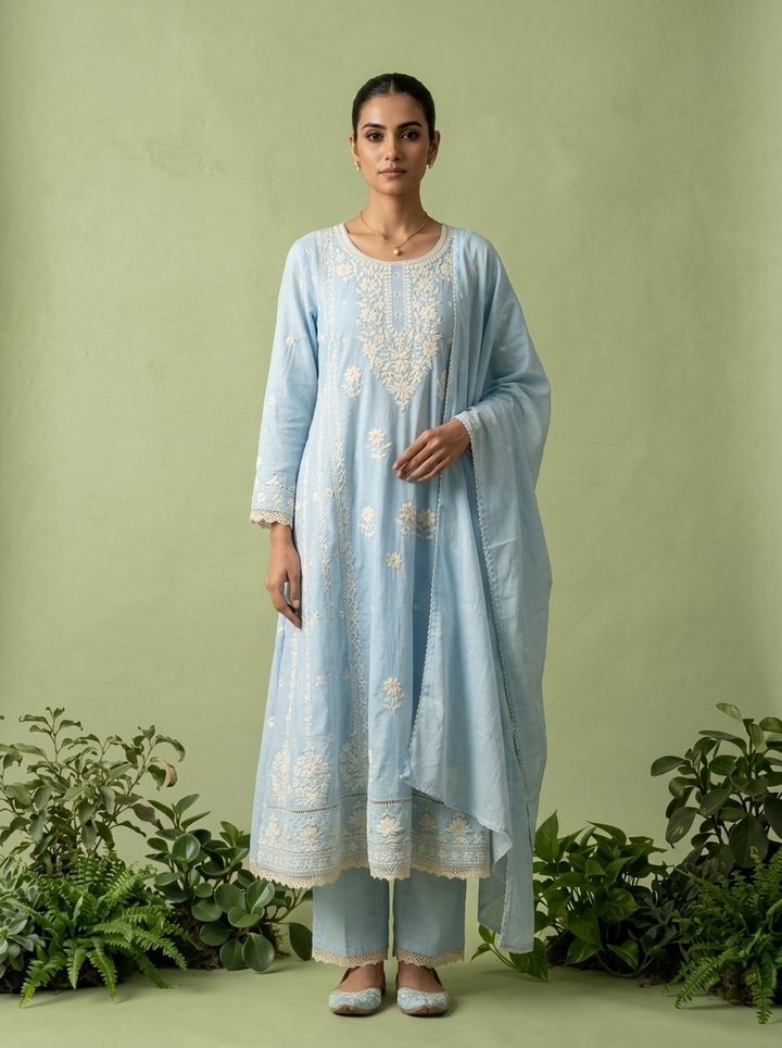 Sky Blue Cotton Thread Embroidery Three Piece Set