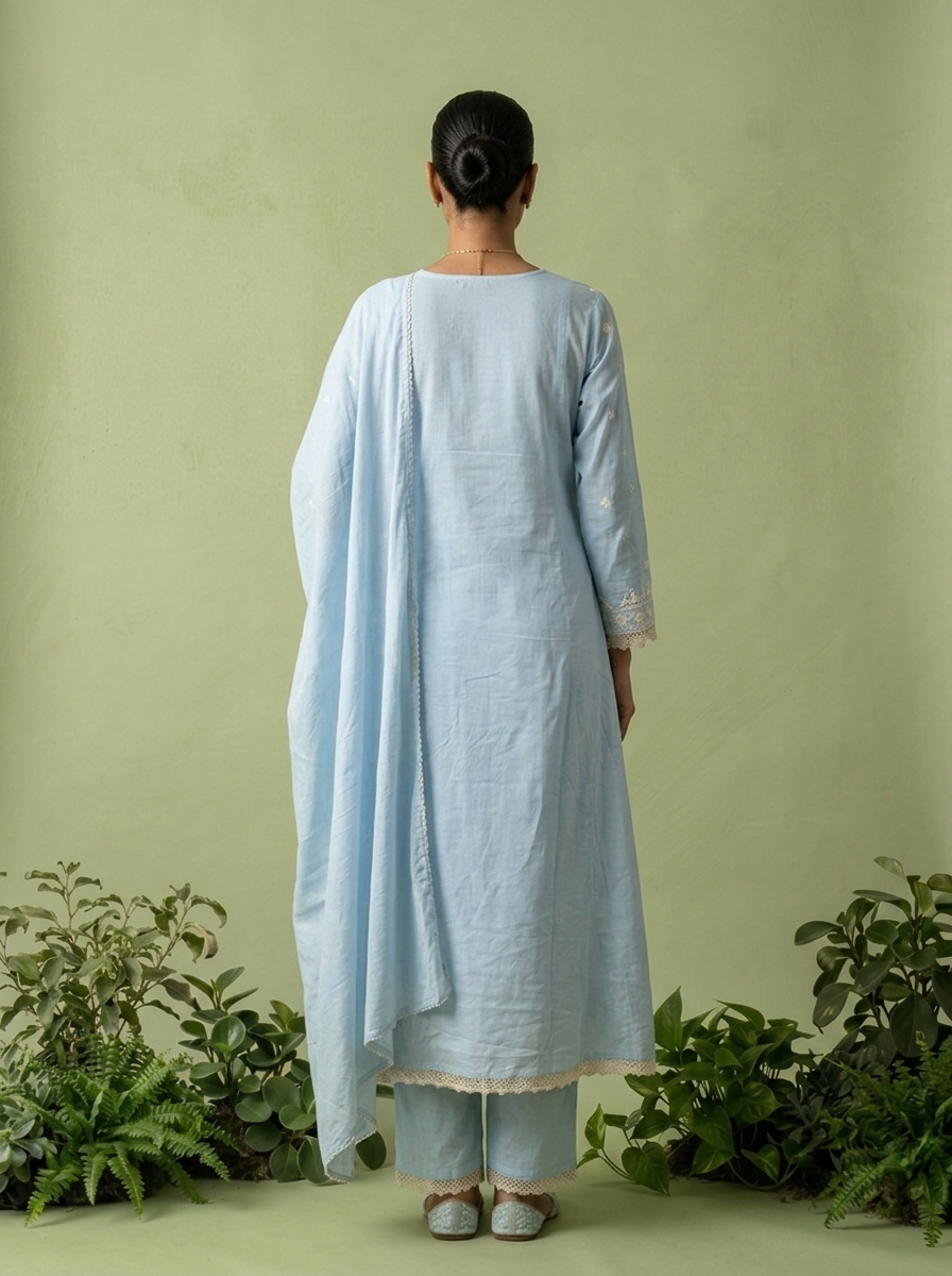 Sky Blue Cotton Thread Embroidery Three Piece Set