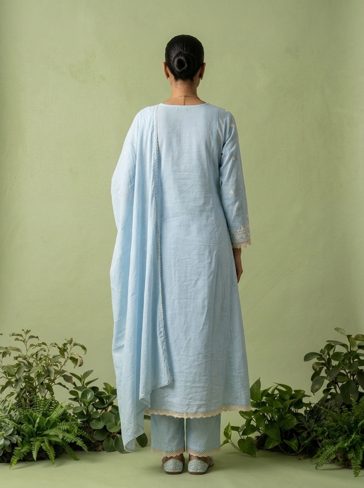 Sky Blue Cotton Thread Embroidery Three Piece Set