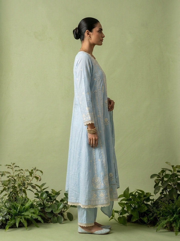 Sky Blue Cotton Thread Embroidery Three Piece Set