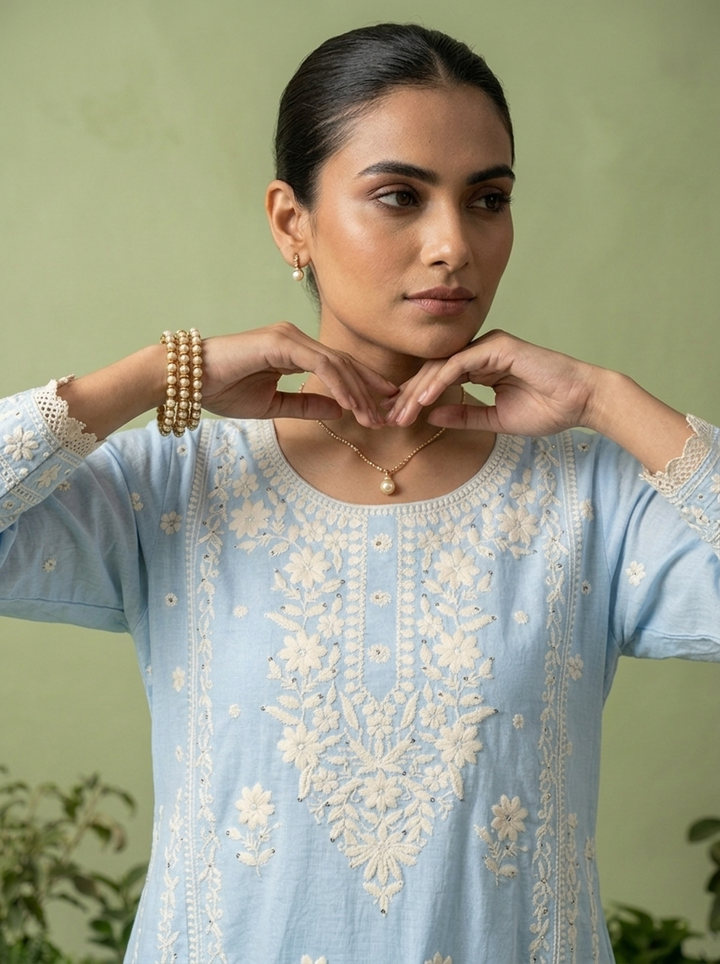 Sky Blue Cotton Thread Embroidery Three Piece Set