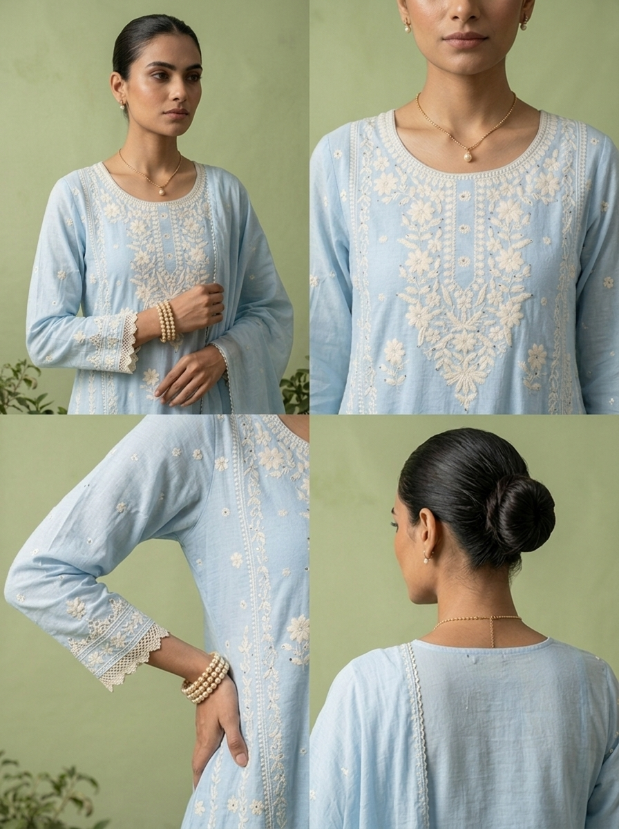Sky Blue Cotton Thread Embroidery Three Piece Set