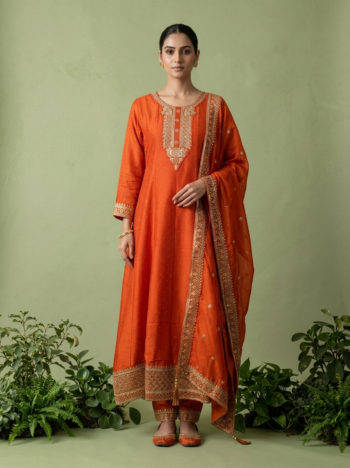 Orange Silk Zari Embroidery Three Piece Set