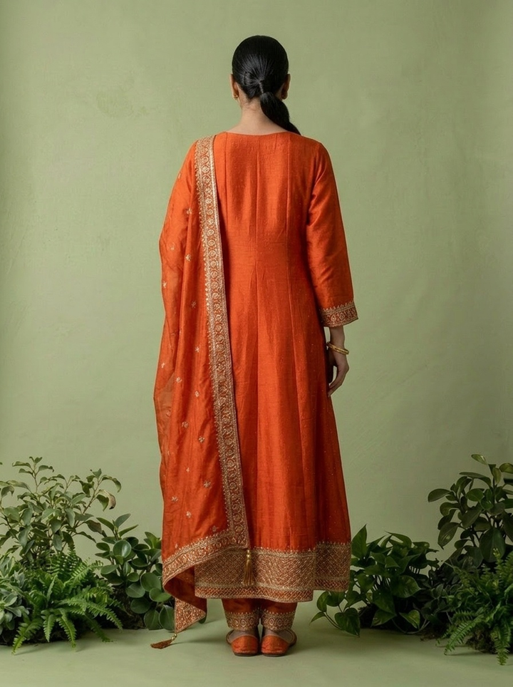 Orange Silk Zari Embroidery Three Piece Set