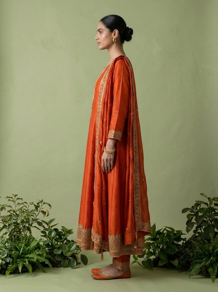 Orange Silk Zari Embroidery Three Piece Set