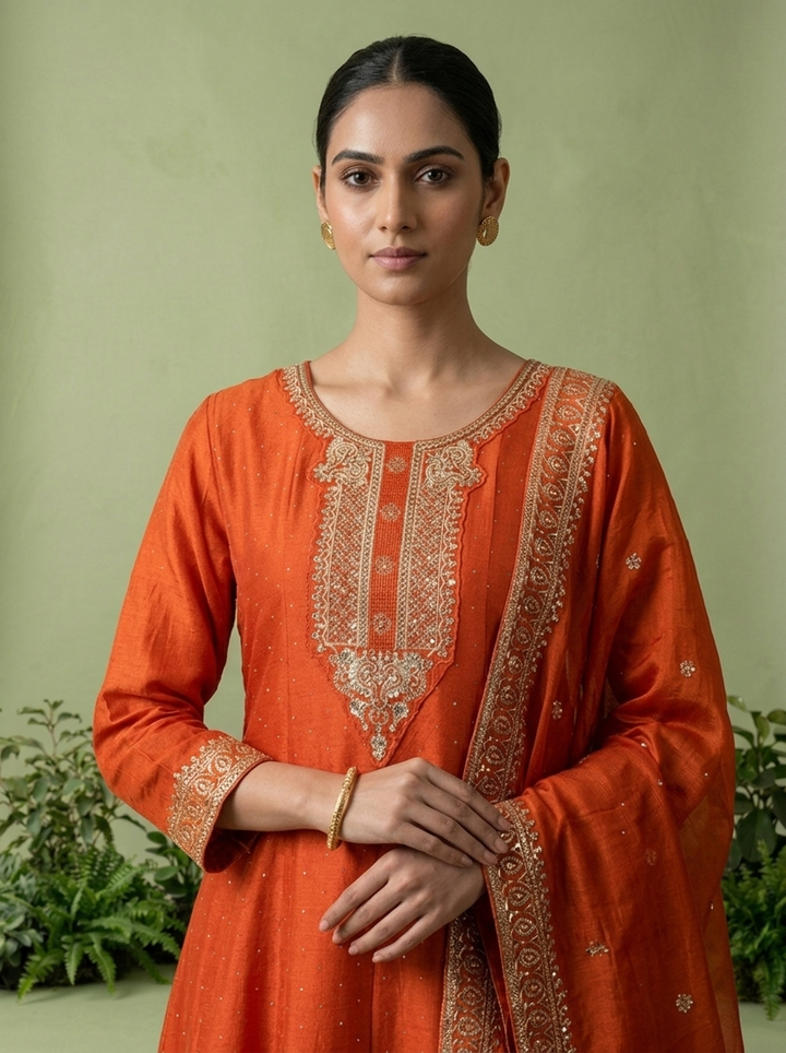 Orange Silk Zari Embroidery Three Piece Set