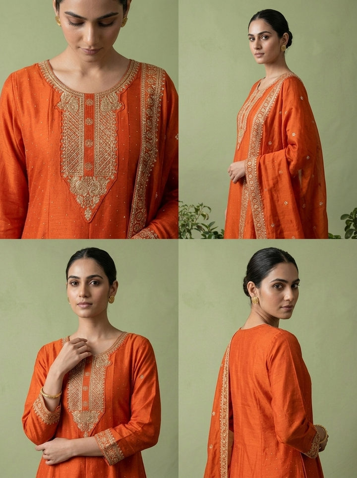 Orange Silk Zari Embroidery Three Piece Set