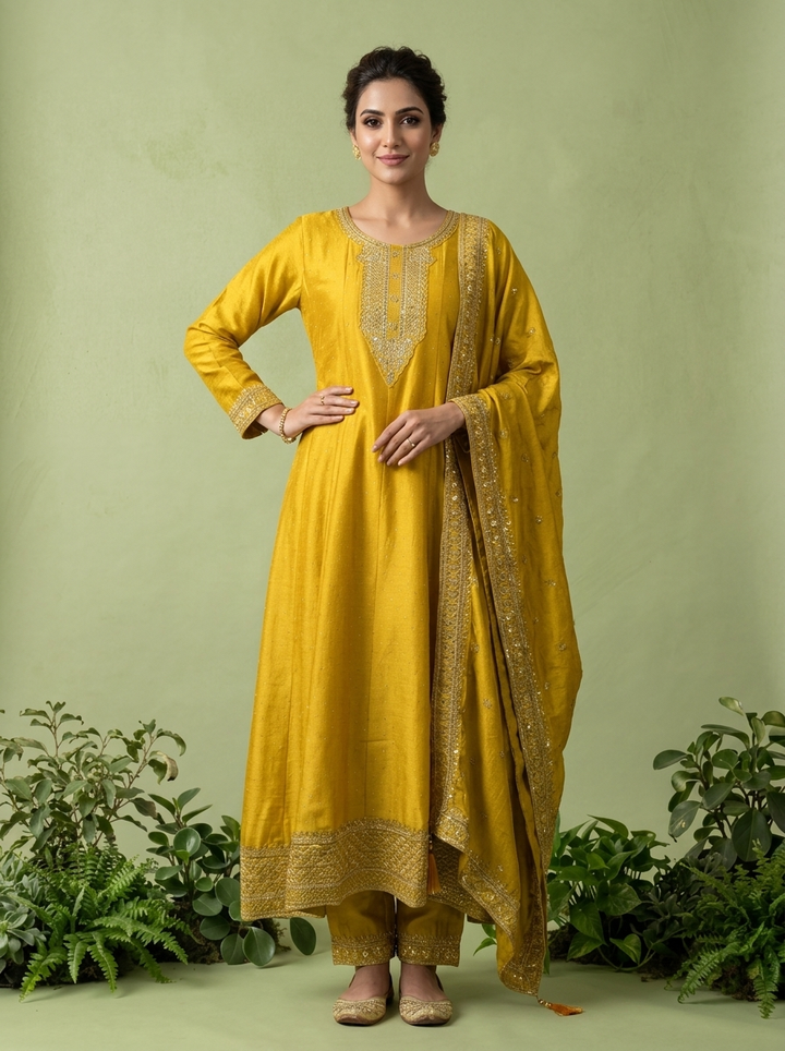 Yellow Silk Zari Embroidery Three Piece Set