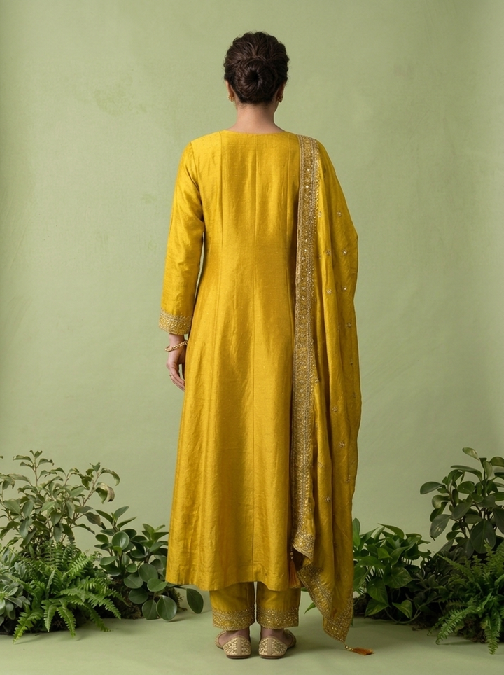 Yellow Silk Zari Embroidery Three Piece Set