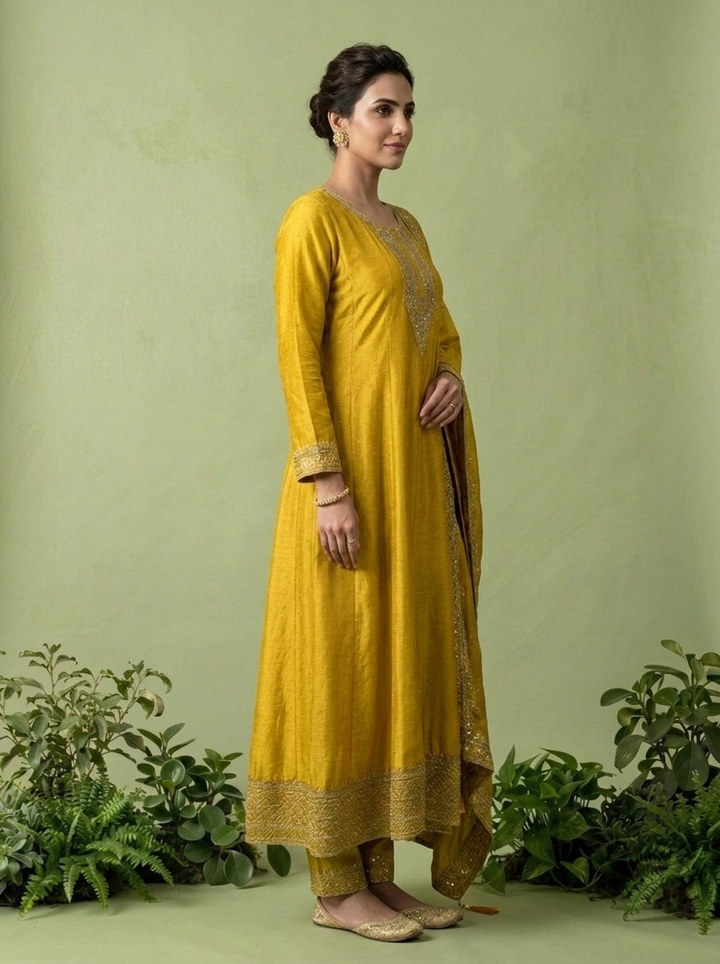 Yellow Silk Zari Embroidery Three Piece Set